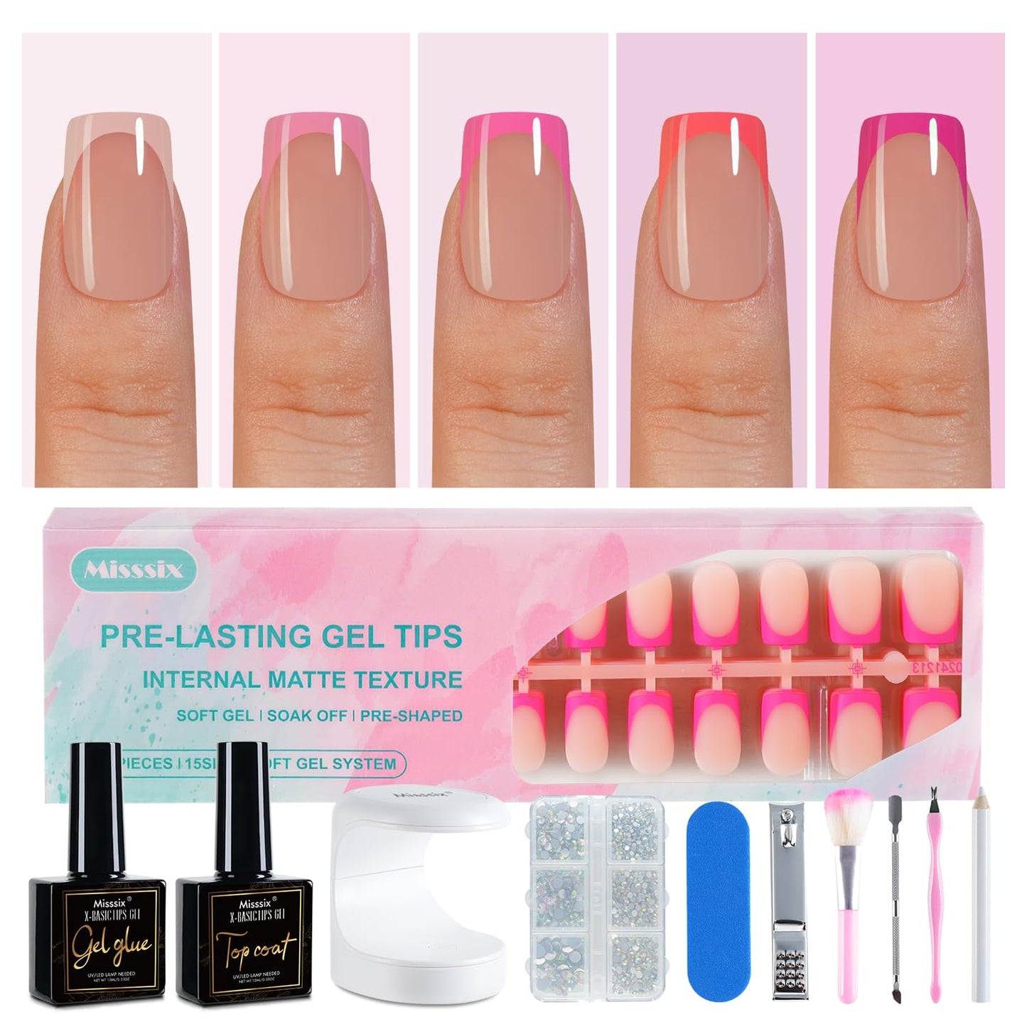 Misssix French Tip Press On Nails, 150Pcs French Gel Nail Tips, Short Square Soft Gel Fake Nails, X-BASIC Tips Starter Kit for Nail Art DIY 15 Sizes