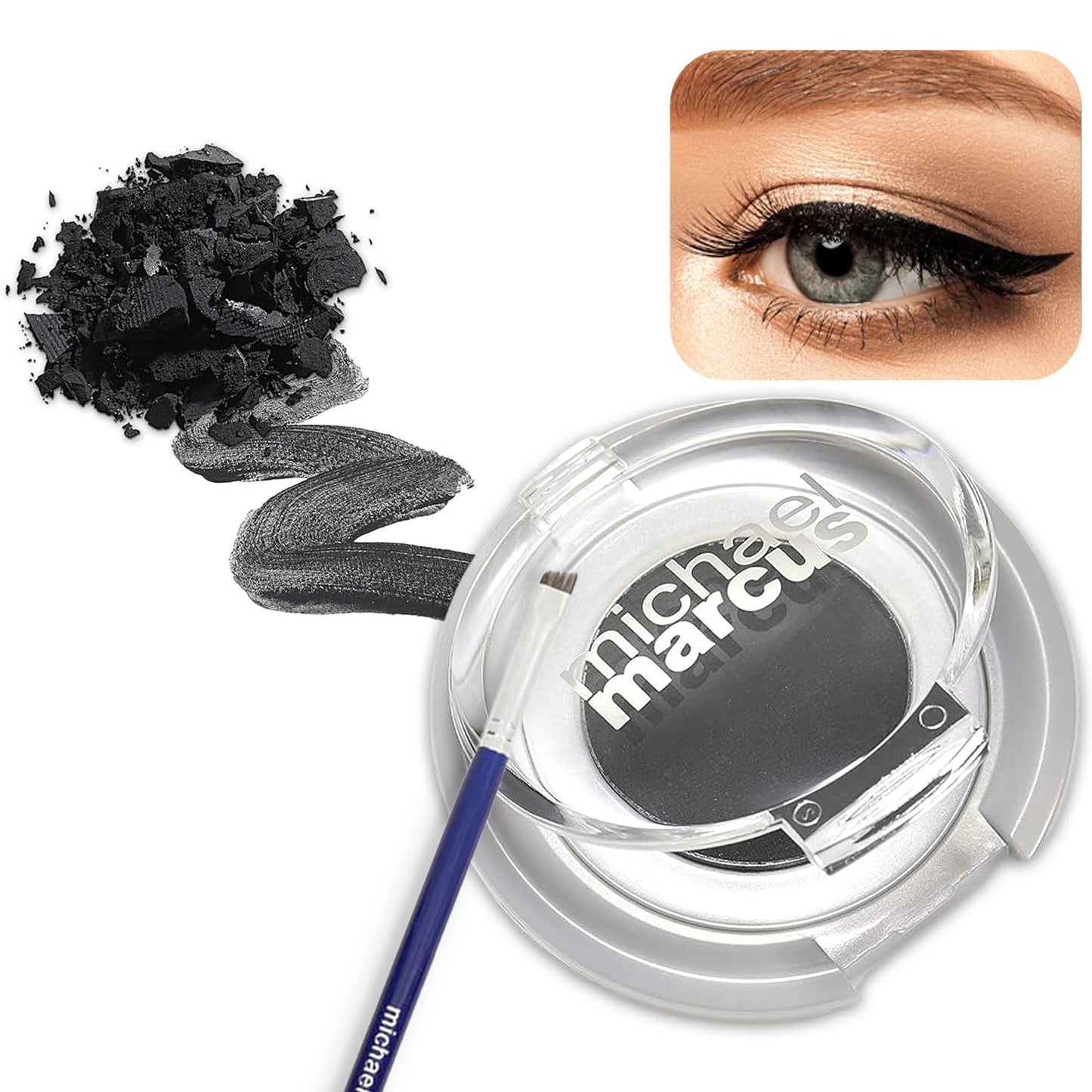 michael marcus Cake Eyeliner & Brush - 2 Piece Water Activated Dry Pressed Eyeliner & Professional Brush - Long-Lasting, Vibrant Color, Smudge Resistant - Cruelty Free Paraben Free (Kohl)