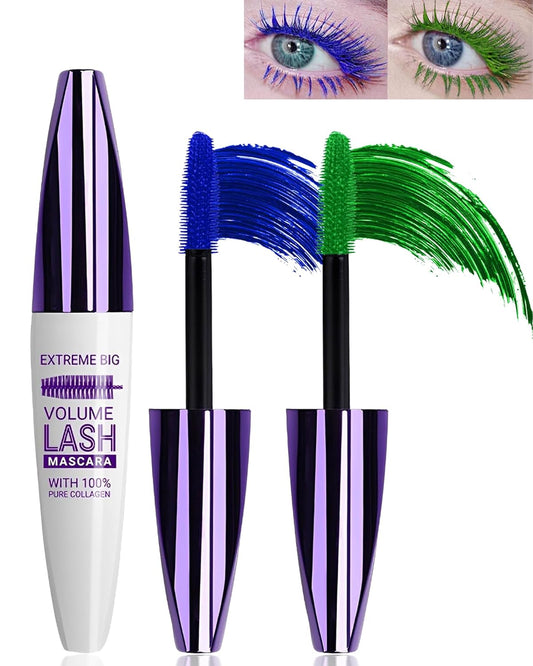 5D Blue Green Colored Mascara for Eyelashes-2 Colors Longlasting Waterproof Mascara Volume and Length,Curling Fiber rimel de pestañas,Thanksgiving Makeup Gift for Women Girl Cosplay Party Stage Use