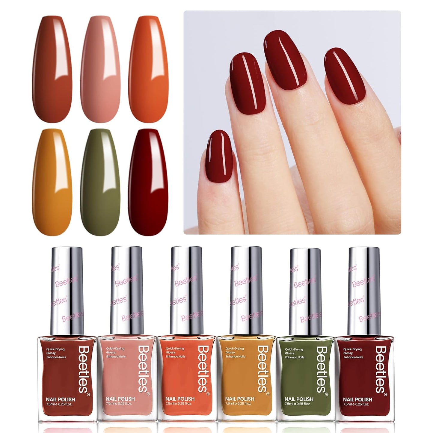 Beetles Fall Nail Polish Set P180, 6 Color Red Yellow Green Quick Air Dry Nail Polish, Natural Nail Lacquer Manicure DIY Nail Art Salon Christmas Gift For Women