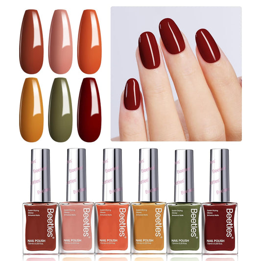 Beetles Fall Nail Polish Set P180, 6 Color Red Yellow Green Quick Air Dry Nail Polish, Natural Nail Lacquer Manicure DIY Nail Art Salon Christmas Gift For Women