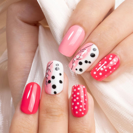 Curvlife Press On Nails Kit - Full Cover False Nail Tips with Trendy Designs, Reusable & Glue Included - Easy Application Nail Accessories for Women (spots pink, Medium)