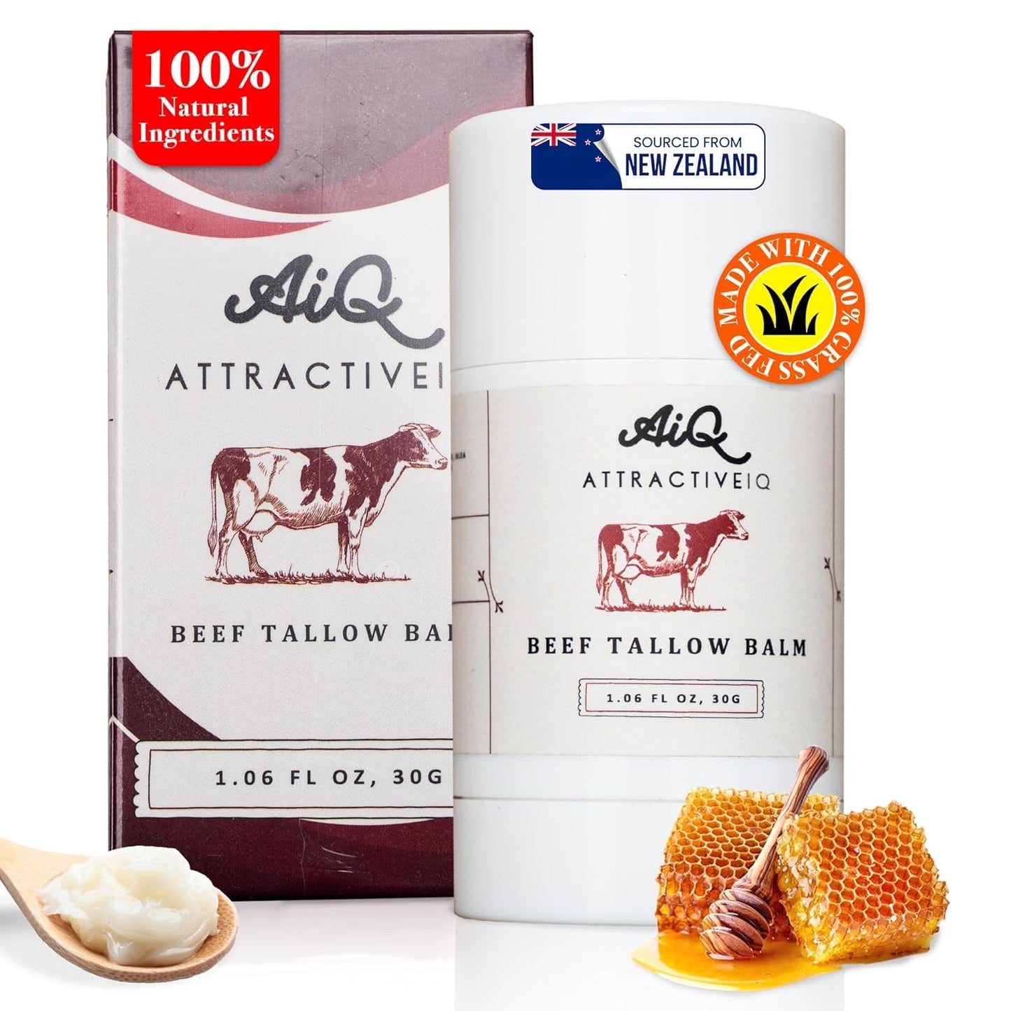 New Zealand Grass Fed Ethically-Sourced Beef Tallow for Skin– Stick with Vitamin E, Raw Honey, Olive Oil – Premium Ingredients & Cruelty-Free Tallow Face Moisturizer, Longevity & Firming - 30g