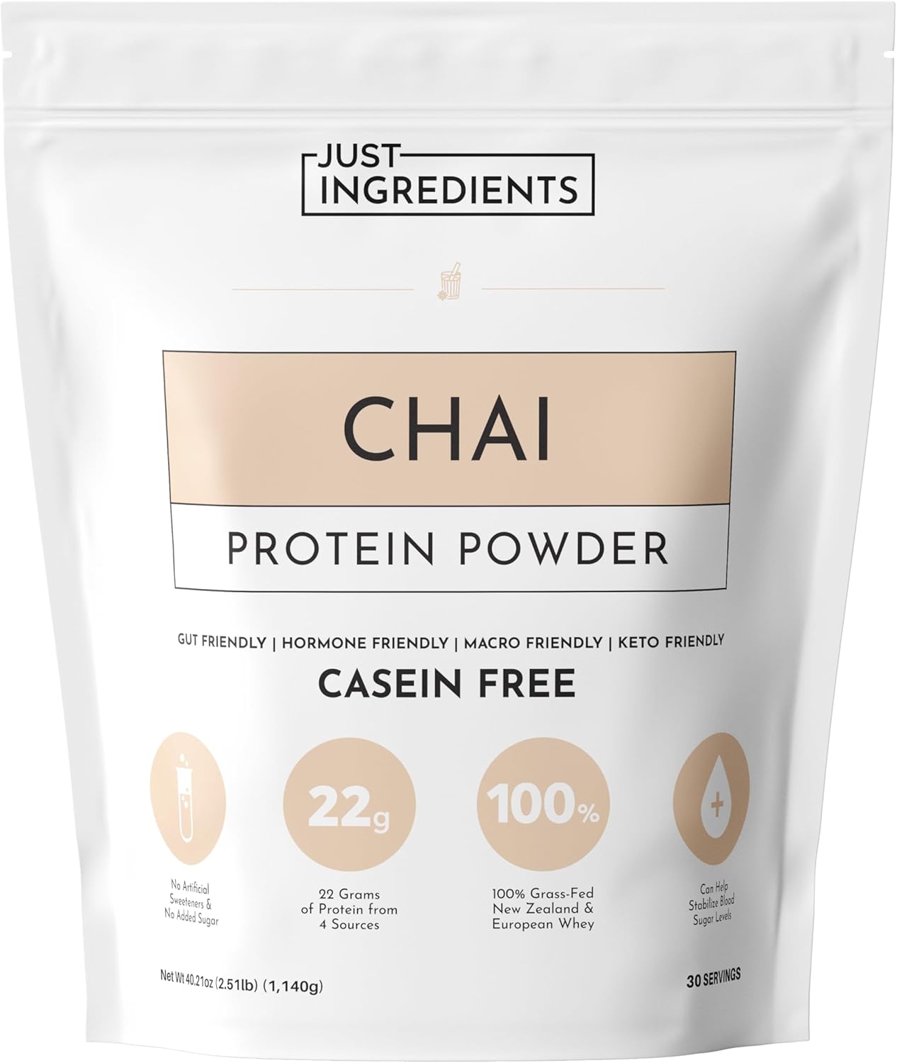 JUST INGREDIENTS Chai Protein Powder – 30-Serving Blend with 100% Grass-Fed Whey & Organic Plant Proteins – Warm Spice Flavor with Cinnamon, Ginger & Cardamom – Supports Muscle Recovery, Energy*