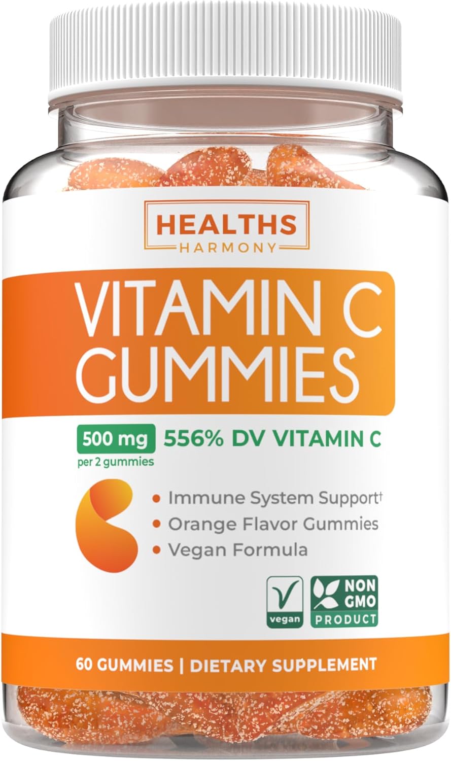 Vegan Vitamin C Gummies for Adults - Immune Support Gummies with Chewable Vitamin C 500mg per Serving for Daily and Seasonal Wellness - High Potency Non-GMO Formula - Orange Flavor (1 Month Supply)