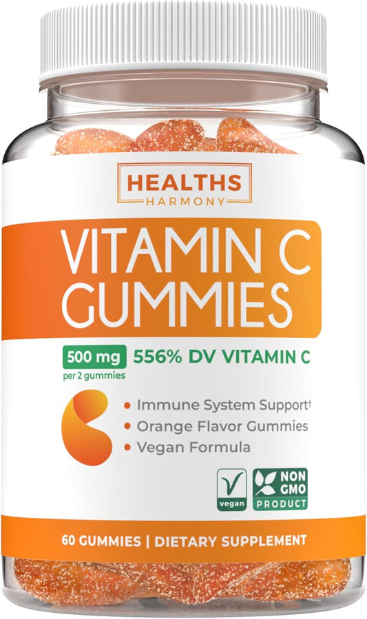 Vegan Vitamin C Gummies for Adults - Immune Support Gummies with Chewable Vitamin C 500mg per Serving for Daily and Seasonal Wellness - High Potency Non-GMO Formula - Orange Flavor (1 Month Supply)