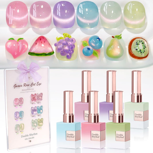 Double Rhythm Cat Eye Gel Nail Polish Set of 6 Same Color Same Bottle 0.5 Oz Shimmer Glitter with Magnet Holographic Reflective Magnetic UV Nail Polish Kit at Home (Rose Green Pink Purple-T6-46)