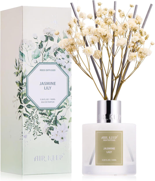 Airkeep Reed Diffuser Set, 3.38 fl oz (100 ml) - Jasmine Lily Lemon Oil Diffusers with 8 Reed Sticks, Home Fragrance Reed Diffuser for Bathroom Shelf Decor
