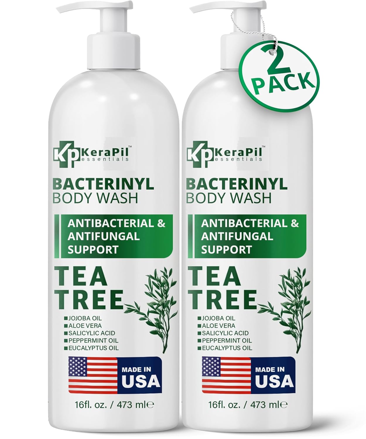 Bacterinyl Tea Tree Oil Body Wash - Antibacterial & Antifungal Support for Ringworm, Body Odors, Athlete’s Foot & Acne, Helps Soothe Itchy, Dry Skin - Made in USA (16 fl oz x 2)