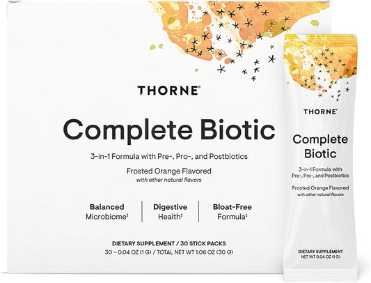 THORNE - Complete Biotic - Probiotic, Prebiotic & Postbiotic for Women, Men & Kids - Supports Gut, Digestive & Immune Health* - Occasional Constipation, Diarrhea, Gas & Bloating Relief* - 30 Servings