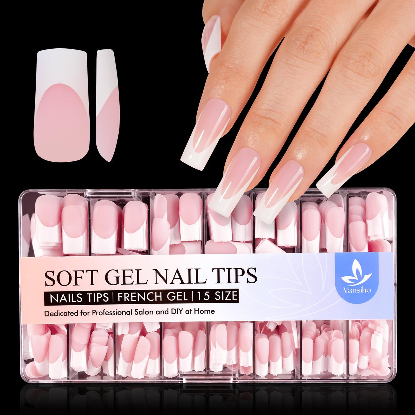 Vansiho Long French Gel Nail Tips 600Pcs, Long Square Soft Gel Nail Tips, Pink French Tips Press on Nails, Fake Nails with Box for Nail Art DIY 15 Sizes