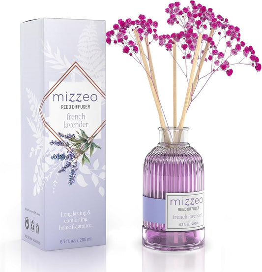 MIZZEO Reed Diffuser Set, French Lavender 6.76 fl oz Highly Scented Room Diffuser Home Fragrance Essential Oil Reed Flower Diffuser, House Bedroom Office Decor & Gifts
