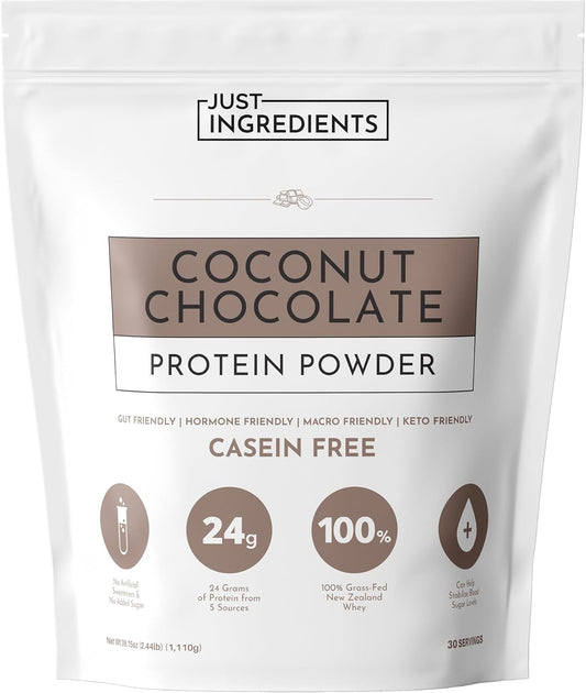 JUST INGREDIENTS Coconut Chocolate Protein Powder – 30-Serving Blend with 100% Grass-Fed Whey & Organic Plant Proteins – Creamy Coconut Cocoa Flavor – Supports Muscle Recovery, Energy*