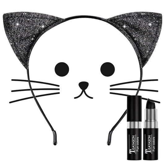 Halloween Black Cat Makeup Kit, Ears Headband, Lipstick, Professional Costume Accessories for Balck Cat Cosplay Party SFX Makeup