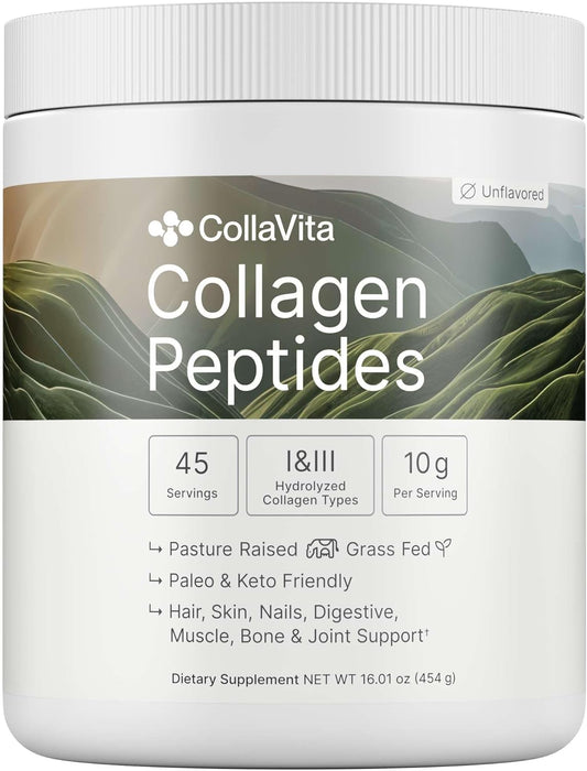 Collagen Peptides Powder Grass-Fed Pasture-Raised Hydrolyzed Collagen Powder, Type I & III Hair, Nails, Skin and Joints, Non-GMO, Paleo & Keto, Unflavored, 16 Fl oz. 45 Servings