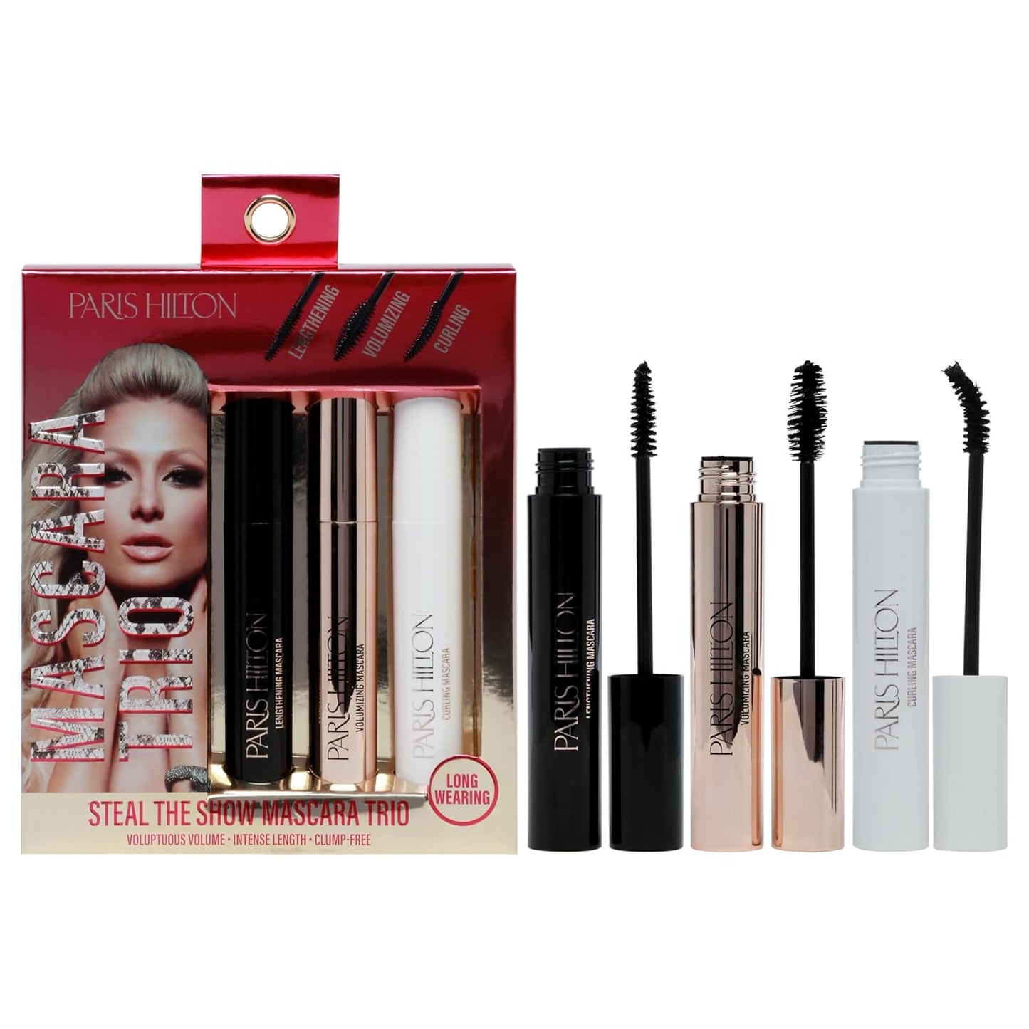 Paris Hilton Steal The Show Mascara Trio - Black Waterproof Mascara - Defining, Lengthening, Volumizing, Curling Lifted Eyelashes - Long Lasting Smudge Proof Clump Free Makeup - Gifts for Women - 3 pc