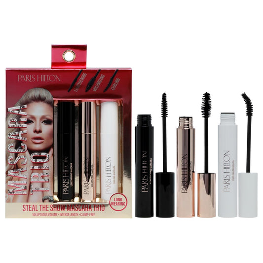 Paris Hilton Steal The Show Mascara Trio - Black Waterproof Mascara - Defining, Lengthening, Volumizing, Curling Lifted Eyelashes - Long Lasting Smudge Proof Clump Free Makeup - Gifts for Women - 3 pc