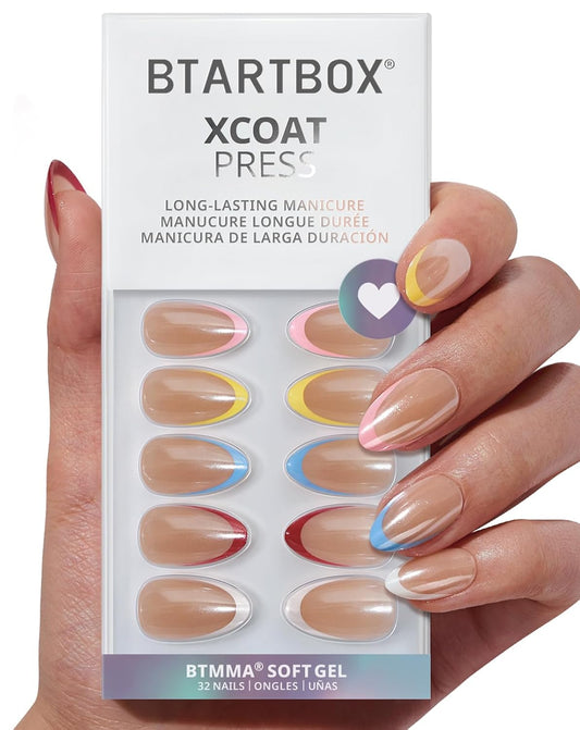 BTArtbox Press On Nails Short - Lamp-Curable Summer Colorful French Tip Almond Press On Nails with Glue for Women, Semi-Transparent Soft Gel Glue On Nails in 16 Sizes - 32 Stick On Nails Kit, Cha-Cha