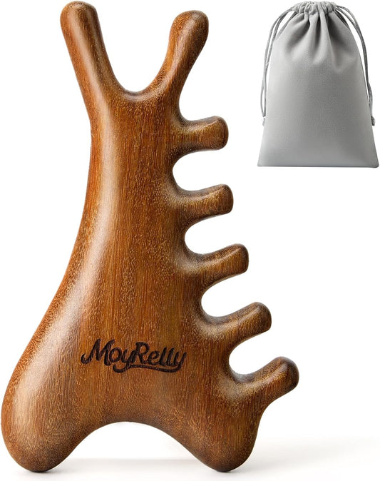 MoyRetty 4-in-1 Gua Sha Tool, Sandalwood Face & Body Massager, Lymphatic Drainage Massage Comb with Storage Pouch (Golden Sandalwood)