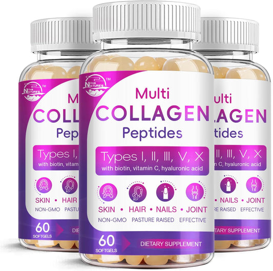 Multi Collagen Peptides Softgel - Type I, II, III, V, X - Hydrolyzed Collagen Peptides with Biotin, Vitamin C, Hyaluronic Acid, Supports Skin Hair Nail, Grass-Fed, Non-GMO, 60 Softgel, 3 Pack