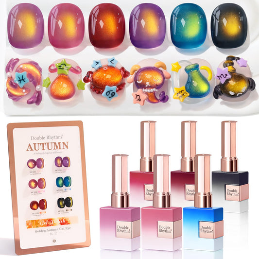 Double Rhythm Cat Eye Gel Nail Polish Set of 6 Same Color Same Bottle 0.5 Oz Shimmer Glitter with Magnet Holographic Reflective Magnetic UV Nail Polish Kit at Home (Golden Autumn Brown-T6-57)