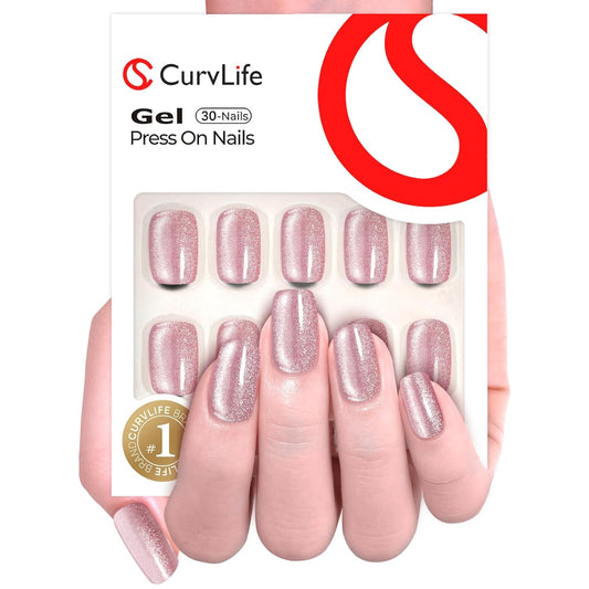 Curvlife Soft Gel Press on Nails, Shine Pink Cat Eye Square Nail Tips,30pcs Full Cover Glossy Design Reusable Fake Nails Kit with Glue and Adhesive Tabs