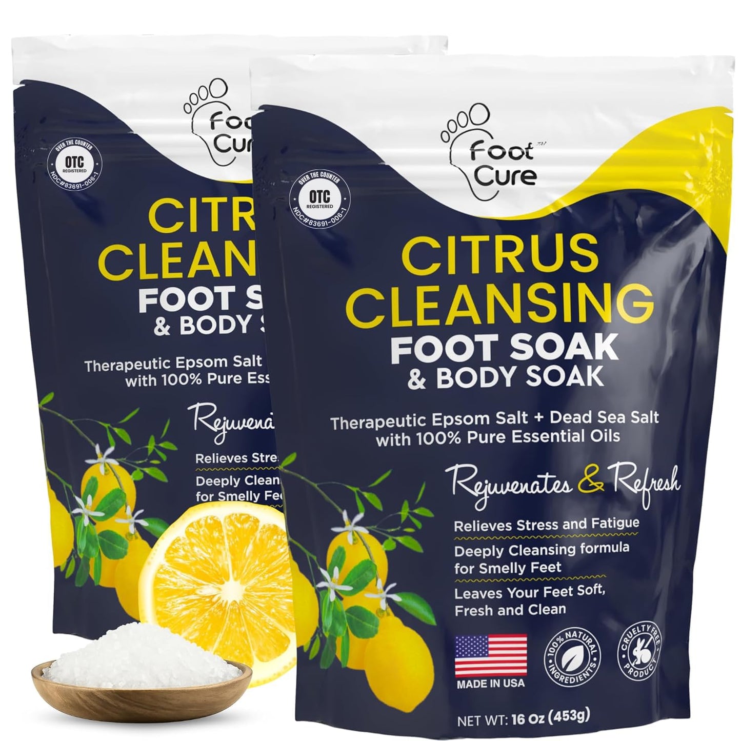 FOOT CURE Citrus Detox Foot Soak With Epsom Salts for Foot Callus, Immune Boost, Damaged Toenail, Athletes Foot, Pedicure and Soothes Tired Aching Feet - 16 oz (Pack of 2)