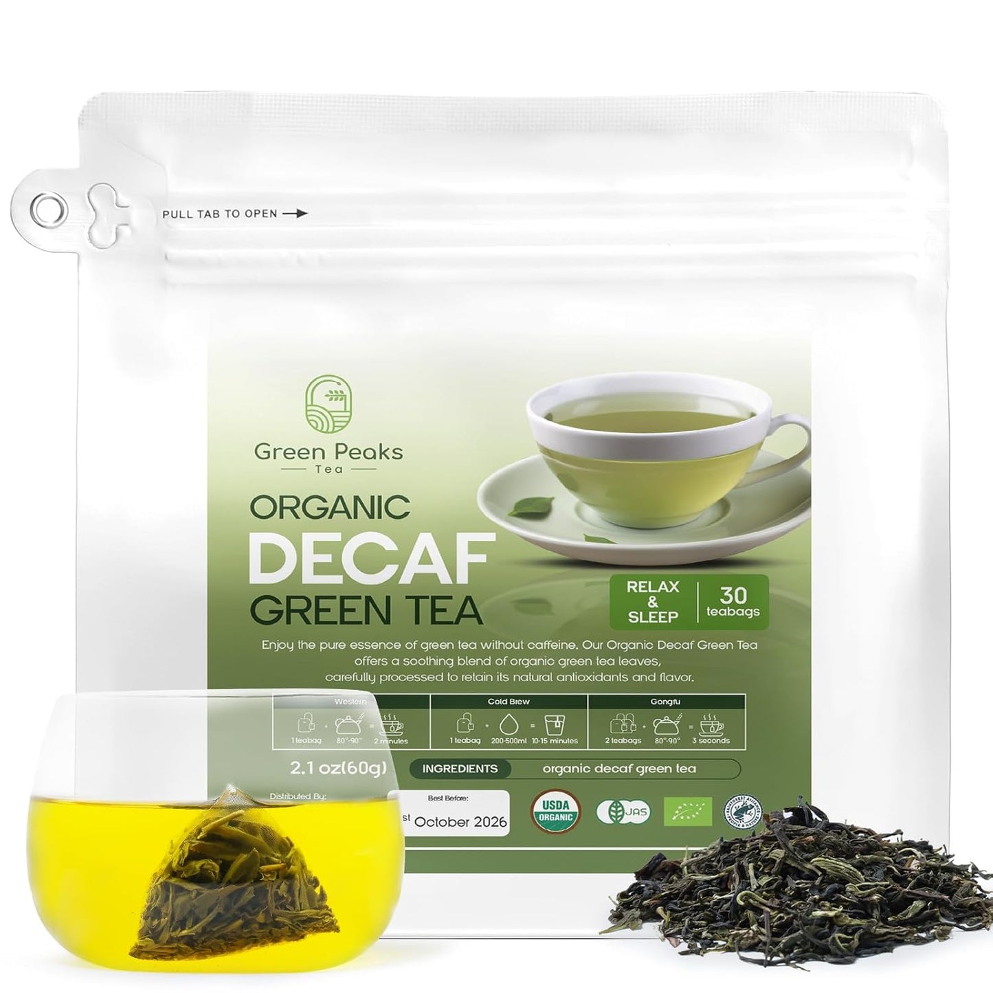 Green Peaks Tea Organic Decaffeinated Green Tea Bags, Unsweetened Teabags Natural Loose Leaf Tea bags, Super Antioxidant for Decaf Hot Tea or Decaf Iced Tea, 30 Total
