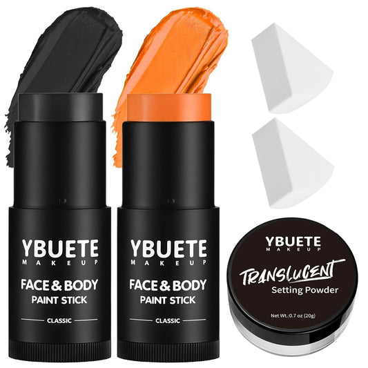 Black Orange Face Body Paint Stick Set with Translucent Setting Powder and Sponges, Professional Full Coverage Face Painting for Adults Halloween Cosplay SFX Tiger Pumpkin Clown Makeup