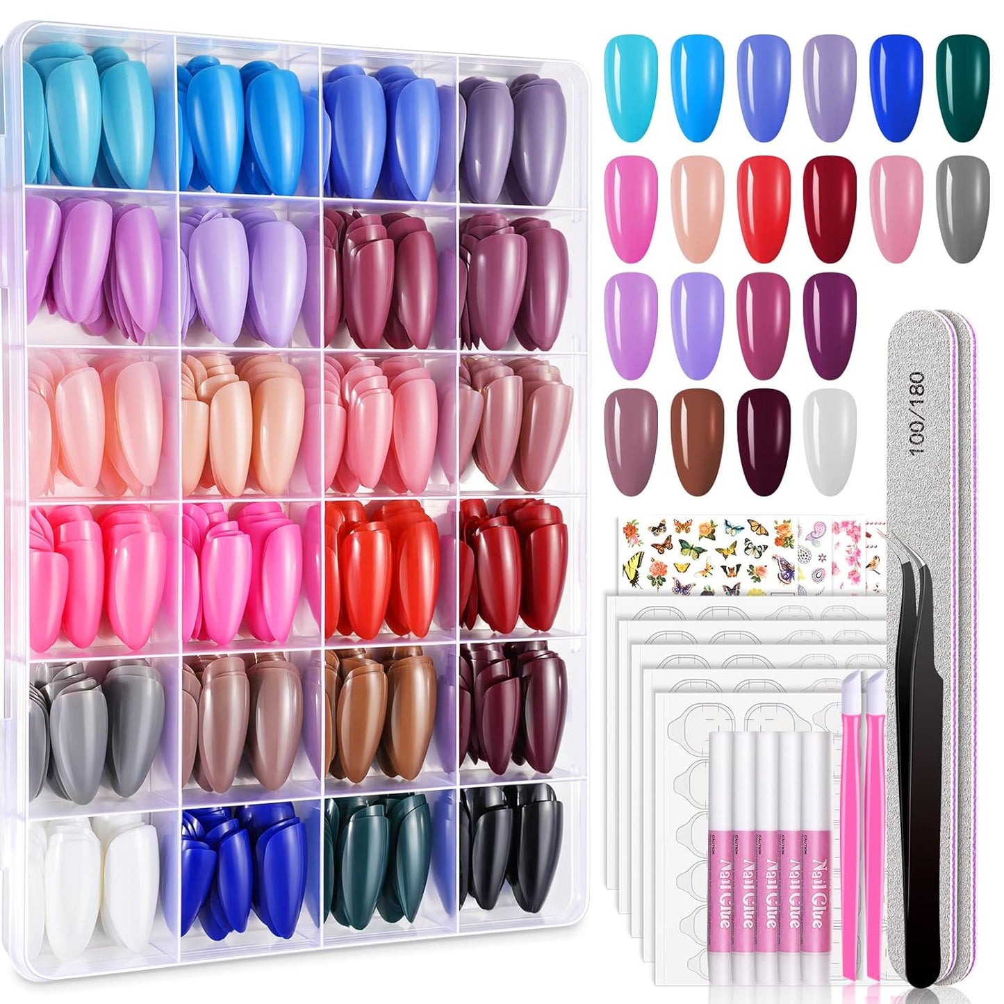 TsMADDTs Press On Nails Almond, 24 Colors 720PCS Short Fake Nails with Glues, Stickers, Tweezer for Women
