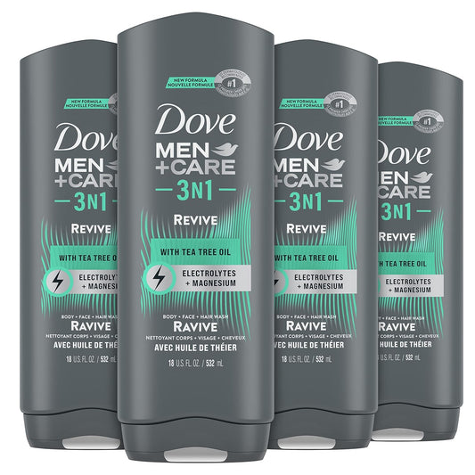 DOVE MEN + CARE Post-Workout Body Wash 3N1 Revive 4 Count For Men With Tea Tree Oil, 18 oz