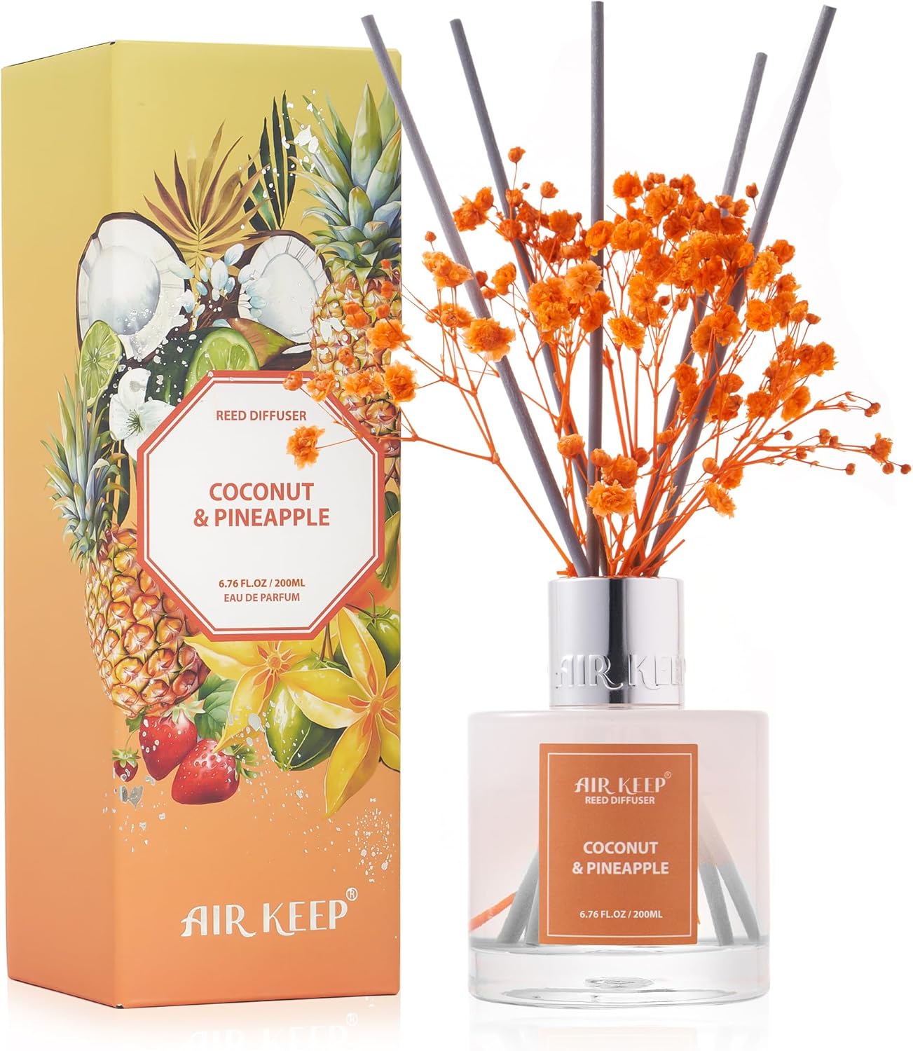 Airkeep Reed Diffuser Set,6.76 fl oz (200 ml) - Coconut & Pineapple Oil Diffusers with 8 Reed Sticks, Home Fragrance Reed Diffuser for Bathroom Shelf Decor