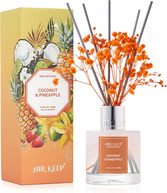 Airkeep Reed Diffuser Set,6.76 fl oz (200 ml) - Coconut & Pineapple Oil Diffusers with 8 Reed Sticks, Home Fragrance Reed Diffuser for Bathroom Shelf Decor