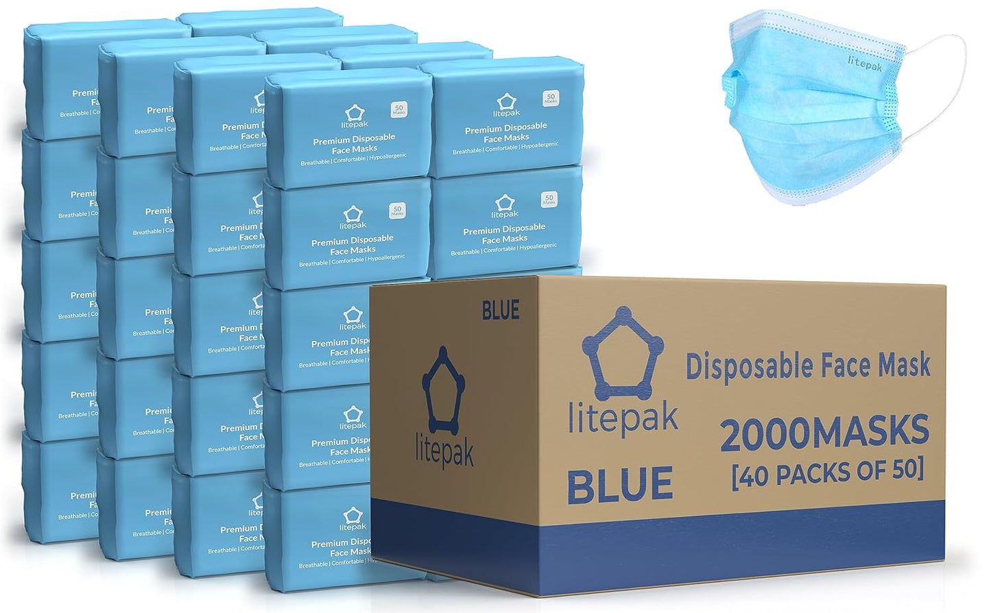 2,000pcs Disposable Face Masks- 3 Ply Breathable Mask For Adults - Blue (40 Packs of 50)