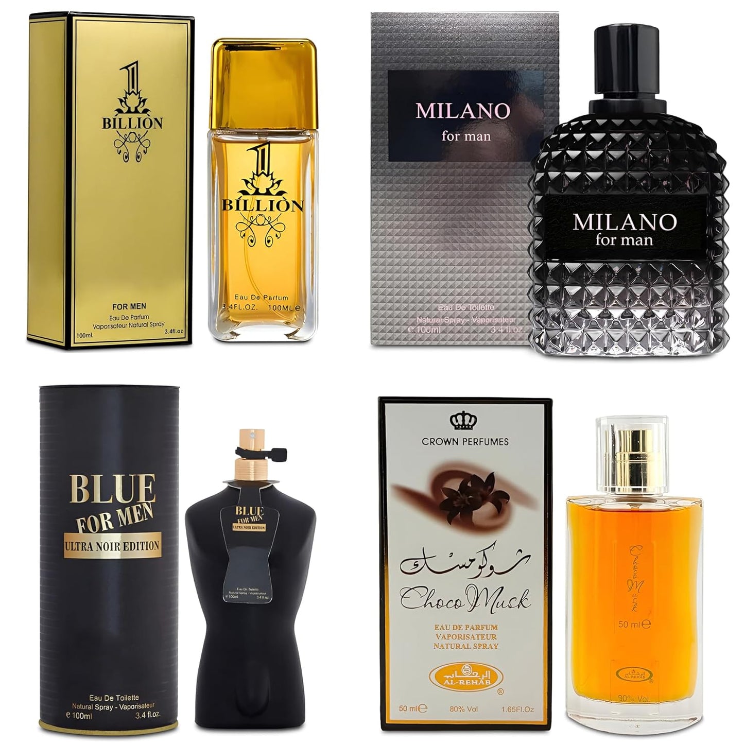 Men Cologne 4-Piece Combo Set (Choco/Milano/Billion/Blue for Men Ultra Noir Edition) Each 100ml Eau de Toilette/Parfume Spray Premium Perfume Set Long Lasting Fragrance for Daily Use