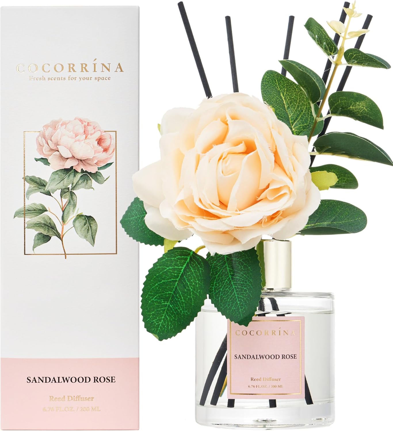 Cocorrina Reed Diffuser Set, Flower Reed Diffuser Sandalwood Rose 6.7 oz, Scented Diffuser with Sticks Home Fragrance Essential Oil for Bathroom Shelf Decor, Living Room, Large Room, 1pack