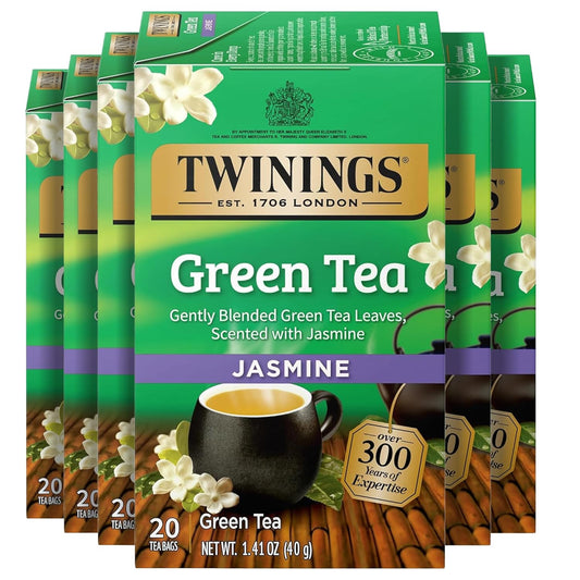 Twinings Green Tea with Jasmine Individually Wrapped Bags, 20 Count (Pack of 6), Fragrant Floral Scent, Caffeinated, Enjoy Hot or Iced, 120 Teabags