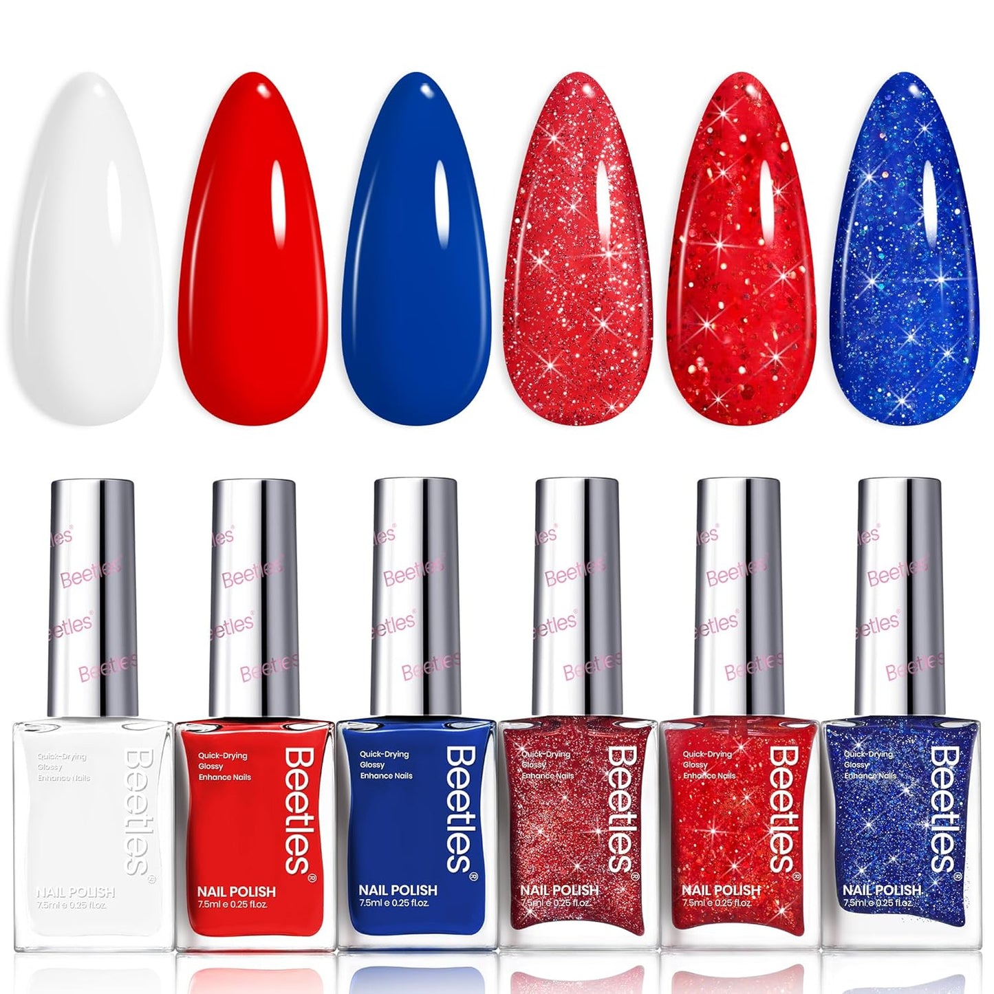 Beetles 4th Nail Polish Set - 6 Colors White Red Blue Nail Polish Kit Sparkle Glitter Fingernail, Quick Dry Long Lasting Beetles Midnight Fireworks Diy Nail Art Design Christmas Gifts for Women