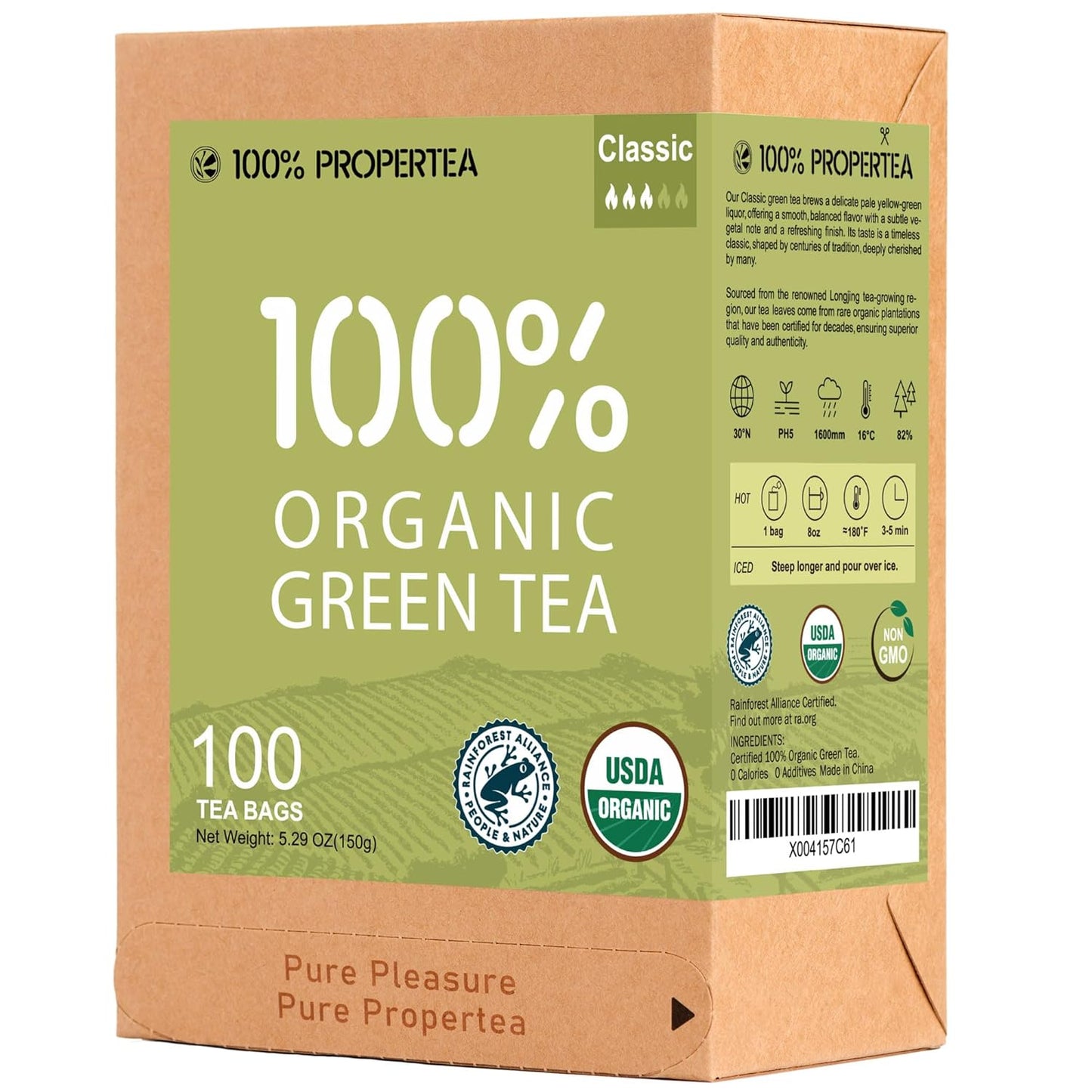 100% Propertea Organic Green Tea Bags, 100 Count, Individually Wrapped, Classic Taste, Caffeinated, Rich in Antioxidants