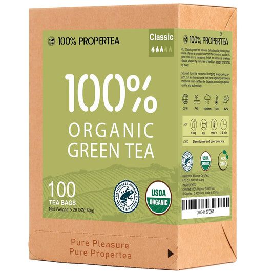 100% Propertea Organic Green Tea Bags, 100 Count, Individually Wrapped, Classic Taste, Caffeinated, Rich in Antioxidants