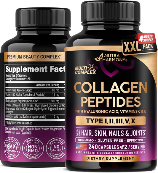 Multi Collagen Peptides - Hydrolyzed Types I, II, III, V & X - Collagen Supplement for Women 1300mg - w/ Hyaluronic Acid, Vitamins C & E - Skin, Hair, Nails & Joint Support - Made in USA, 240 Capsules