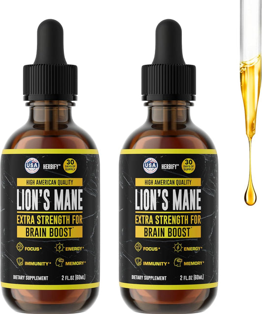 HERBIFY Lions Mane - Lions Mane Mushroom Supplement- Lions Mane Tincture - Immune Support - Lions Mane Tincture for Memory, Focus & Clarity - Daily Mushroom Supplement - 2 Fl oz 2 Pack