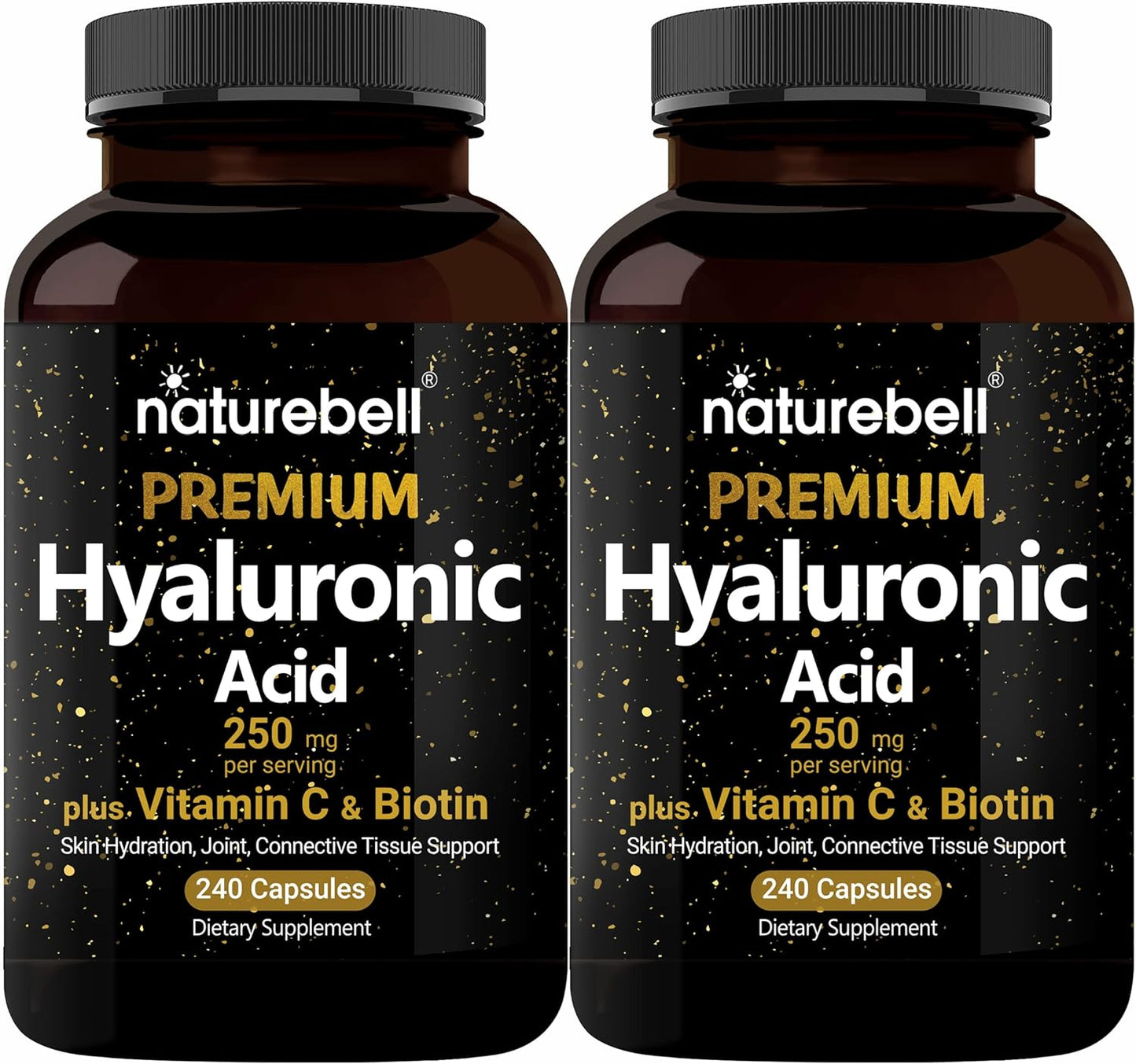 NatureBell 2 Pack Plant Based Hyaluronic Acid Supplements 250mg with 25mg Vitamin C & Biotin 5000mcg, 480 Total Capsules | Essential for Hair Growth, Joint Support, & Hydrating Skin | Non-GMO