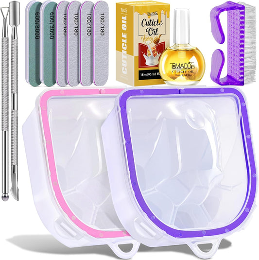 TsMADDTs 12PCS Nail Soaking Bowl Acetone Gel Polish Remover Kit with 2PCS Soak Off Bowls Manicure Bowls for Hands, Cuticle Remover Tools, Cuticle Oil, Files, Buffers, Brush, Dip Removal Kit