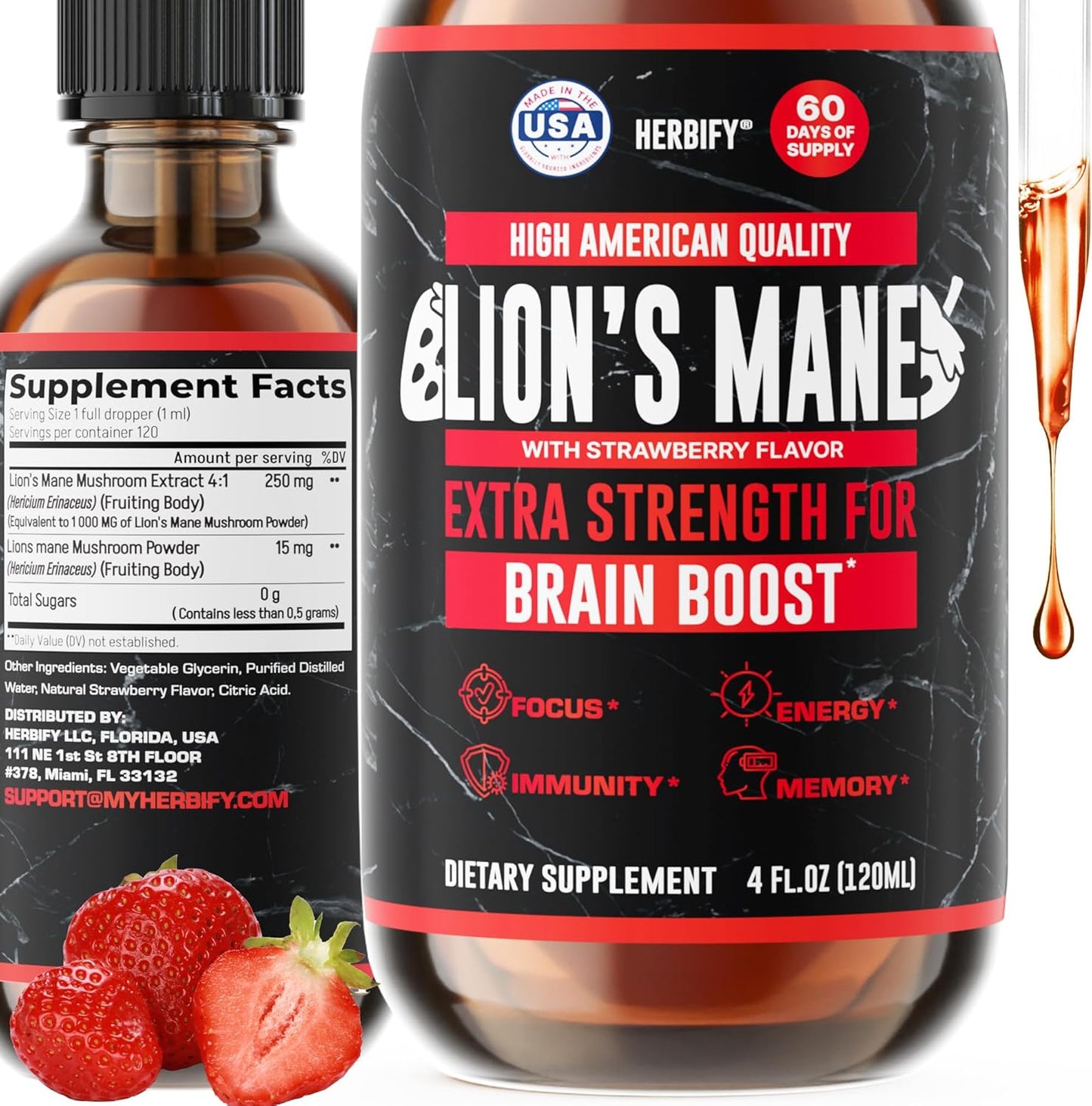 HERBIFY Lions Mane Supplement - Daily Mushroom Supplement for Memory, Focus & Clarity - Brain Booster - Lions Mane Tincture for Immune Support - 4 Fl oz Strawberry Flavor