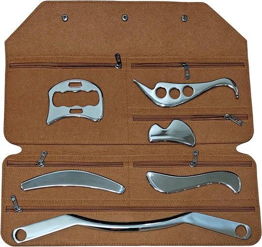 6 in 1Stainless Steel Gua Sha Scraping Massage Tool Set- IASTM Tool Set Great Soft Tissue Mobilization Tool- for Back, Neck, Arm, Leg, Shoulder and Whole Body Acupoints(Carry Bag)