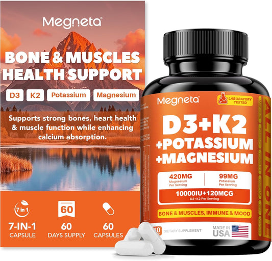 Vitamin D3 K2 10,000 IU with Magnesium & Potassium – Supports Calcium Balance, Muscle Function & Immune Health – Vegan, High Absorption – 60 Capsules
