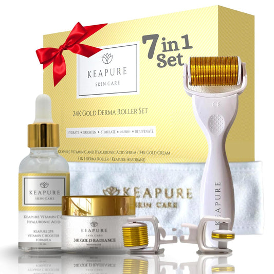 Derma Roller Kit for Face, Body, Stretch Marks - Skin Care Kit 540 Microneedle Roller Heads 180-Eyes, 600-Face,1200-Body | 30gm Moisturizing Cream and 25% Vitamin C Serum | Microneedling Roller Set