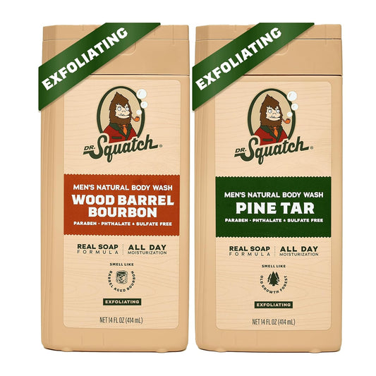 Dr. Squatch NEW Body Wash for Men with Nourishing, Natural Ingredients | No Paraben, Phthalate, Sulfate | All Day Moisture | Long Lasting Scent | Wood Barrel Bourbon & Pine Tar (14 oz, 2-Pack)