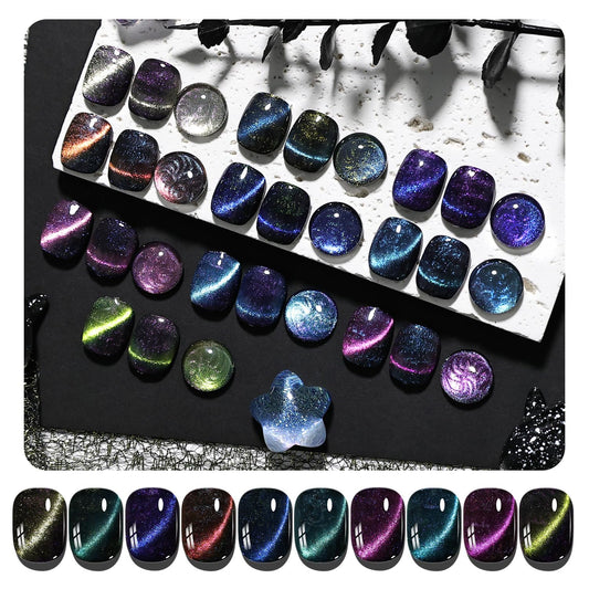 JODSONE 10 Color Aurora Cat Eye with Base Coat and Top Coat Magnetic Stick Multi-Color Glitter Gel Nail Polish Assortment Regal Unique Shimmering Effect